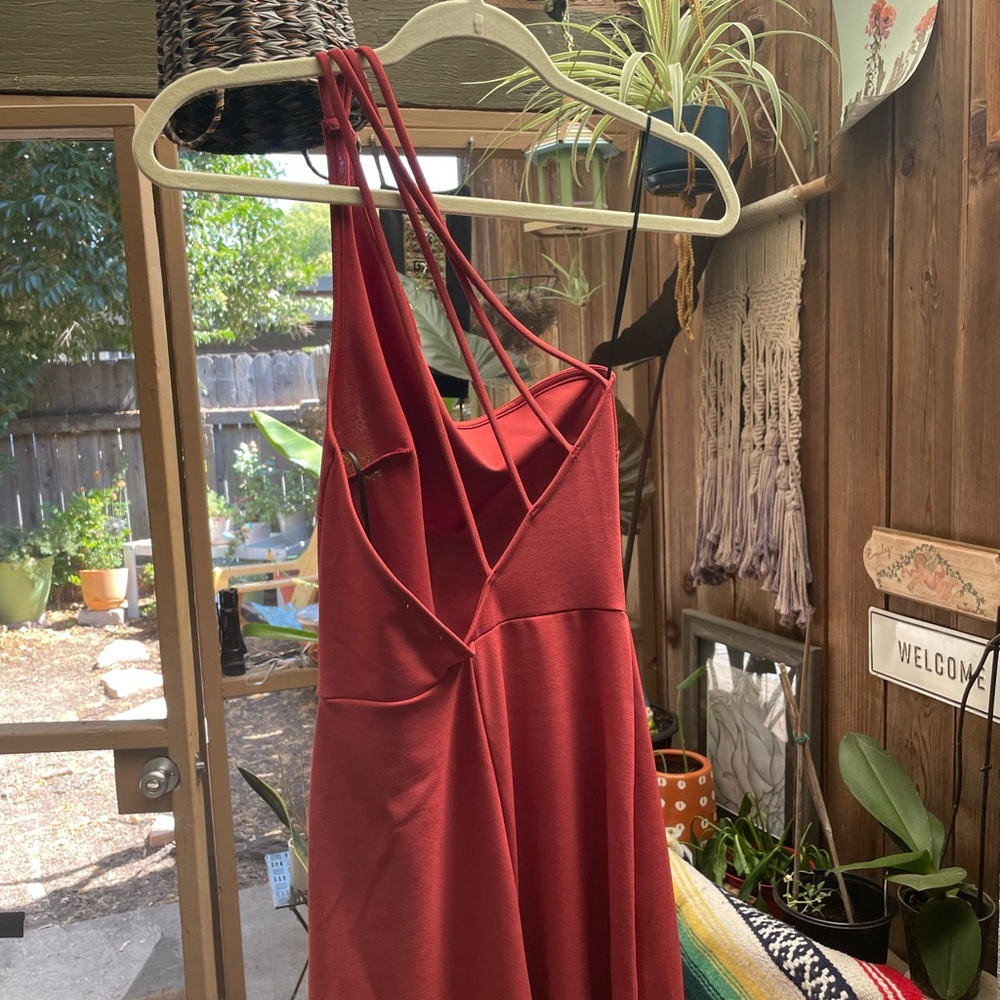 Maroon one sleeve floor length flare jumpsuit